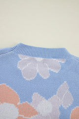 Beau Blue Floral O Neck Drop Shoulder Knitted Sweater Sweaters JT's Designer Fashion
