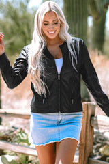 Black Solid Faux Leather Zipper Slim Fit Bomber Jacket Black shell:100%PU+Lining:100%Polyester Jackets JT's Designer Fashion