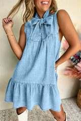 Beau Blue Bowknot Neck Sleeveless Ruffled Chambray Dress Mini Dresses JT's Designer Fashion