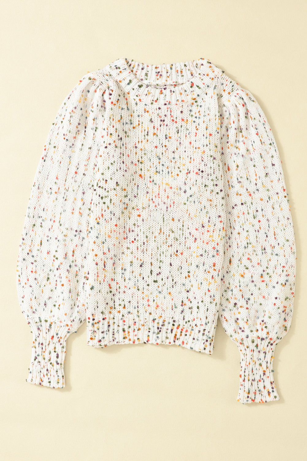 Beige Colorful Confetti Dots Cable Knit Crew Neck Sweater Sweaters JT's Designer Fashion