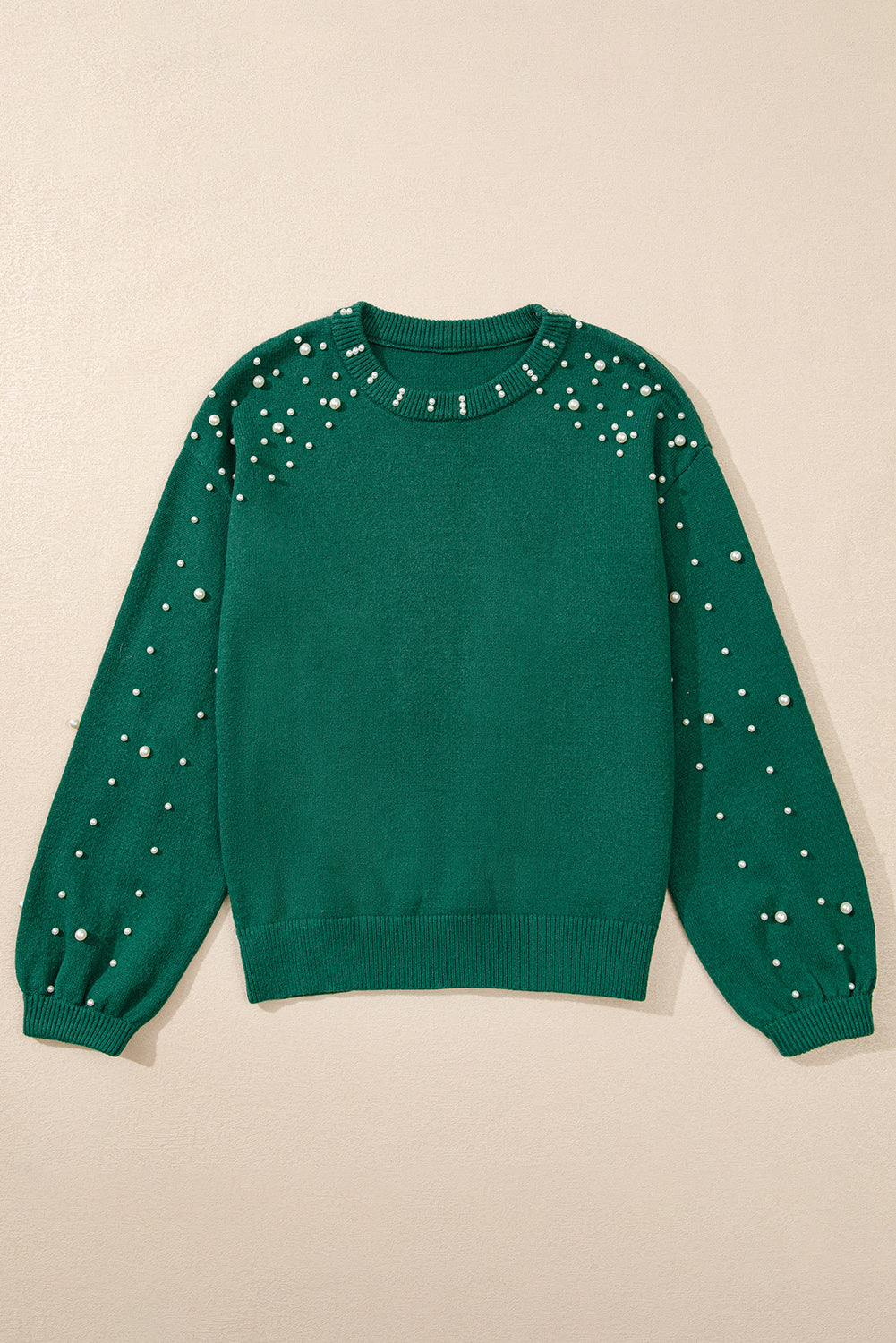 Evergreen Pearled Drop Shoulder Round Neck Sweater Sweaters JT's Designer Fashion