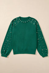 Evergreen Pearled Drop Shoulder Round Neck Sweater Sweaters JT's Designer Fashion
