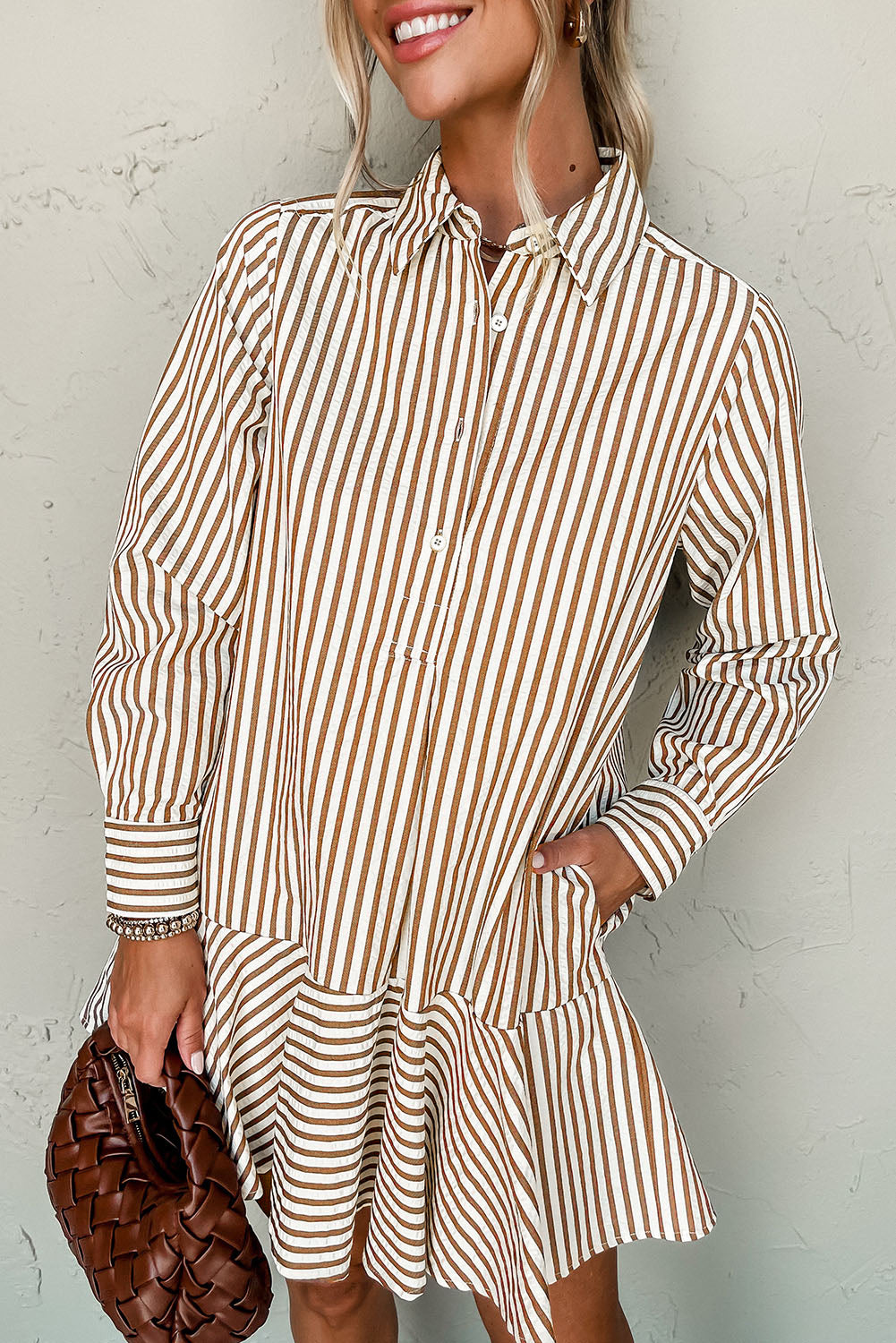 Brown Stripe Ruffled Hem Collared Long Sleeve Shirt Mini Dress Brown Stripe 100%Polyester Mini Dresses JT's Designer Fashion