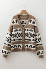 Dark Khaki Ethnic Geometric Pattern Button Front V Neck Sweater Cardigan Cardigans JT's Designer Fashion
