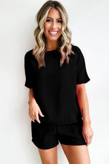 Black Casual Textured Tee and Drawstring Shorts Set Short Sets JT's Designer Fashion