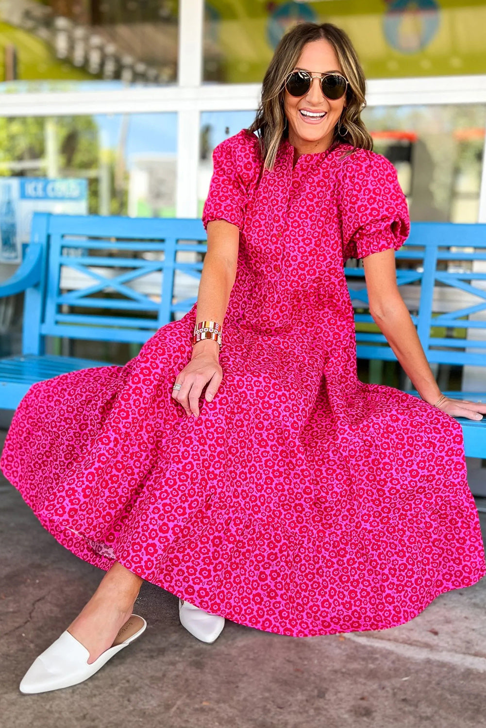 Rose Red Mock Neck Puff Sleeve Leopard Tiered Maxi Dress Dresses JT's Designer Fashion