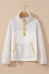 Beige Fleece Colorblock Trim Buttons Collar Sweatshirt with Pocket Sweatshirts & Hoodies JT's Designer Fashion