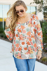 Khaki Plus Size Flower Print Square Neck Peplum Blouse Plus Size Blouses & Shirts JT's Designer Fashion