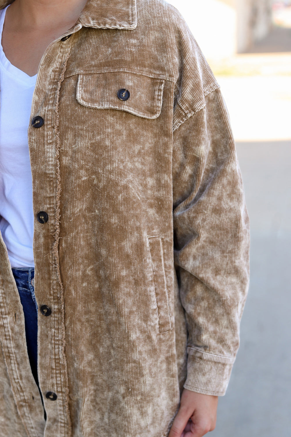 Khaki Vintage Distressed Mineral Wash Oversized Shacket Jackets JT's Designer Fashion