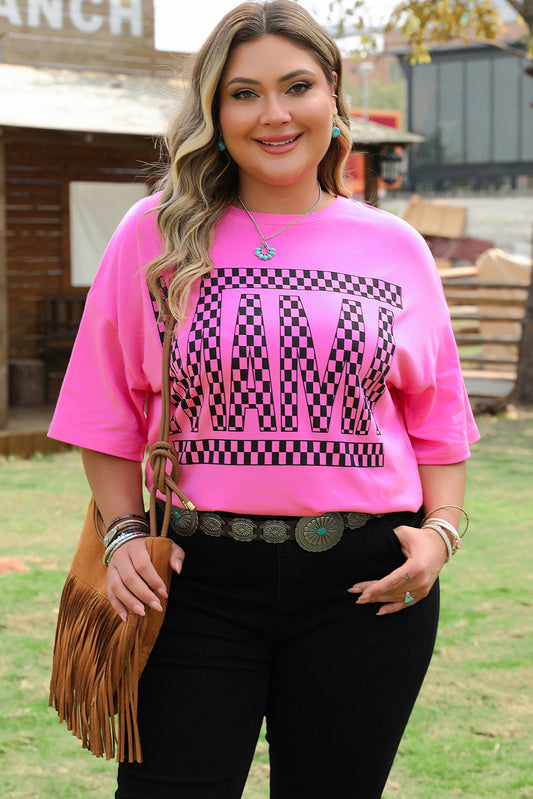 Bright Pink Checker MAMA Letter Printed Graphic Plus Size T Shirt Plus Size Tops & Tees JT's Designer Fashion