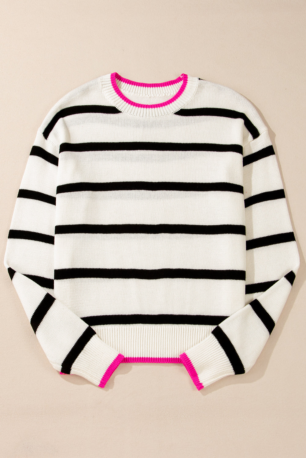 White Stripe Color Contrast Drop Shoulder Crew Neck Sweater Sweaters JT's Designer Fashion