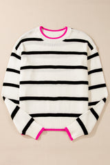White Stripe Color Contrast Drop Shoulder Crew Neck Sweater Sweaters JT's Designer Fashion