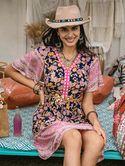 Printed V-Neck Short Sleeve Dress Mini Dresses JT's Designer Fashion