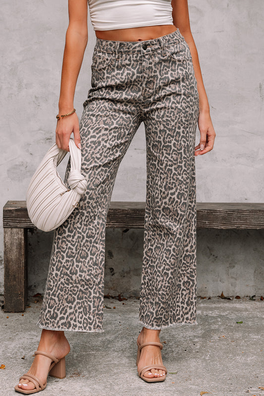 Brown Leopard Frayed Edge Wide Leg High Waist Jeans Brown 65%Cotton+33%Polyester+2%Elastane Jeans JT's Designer Fashion