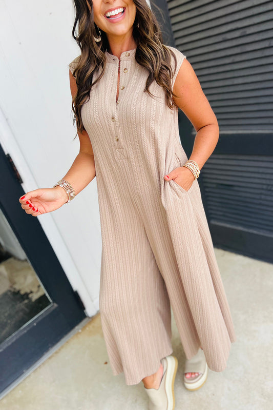 Smoke Gray Textured Buttoned Wide Leg Sleeveless Jumpsuit Jumpsuits & Rompers JT's Designer Fashion