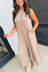 Smoke Gray Textured Buttoned Wide Leg Sleeveless Jumpsuit Jumpsuits & Rompers JT's Designer Fashion