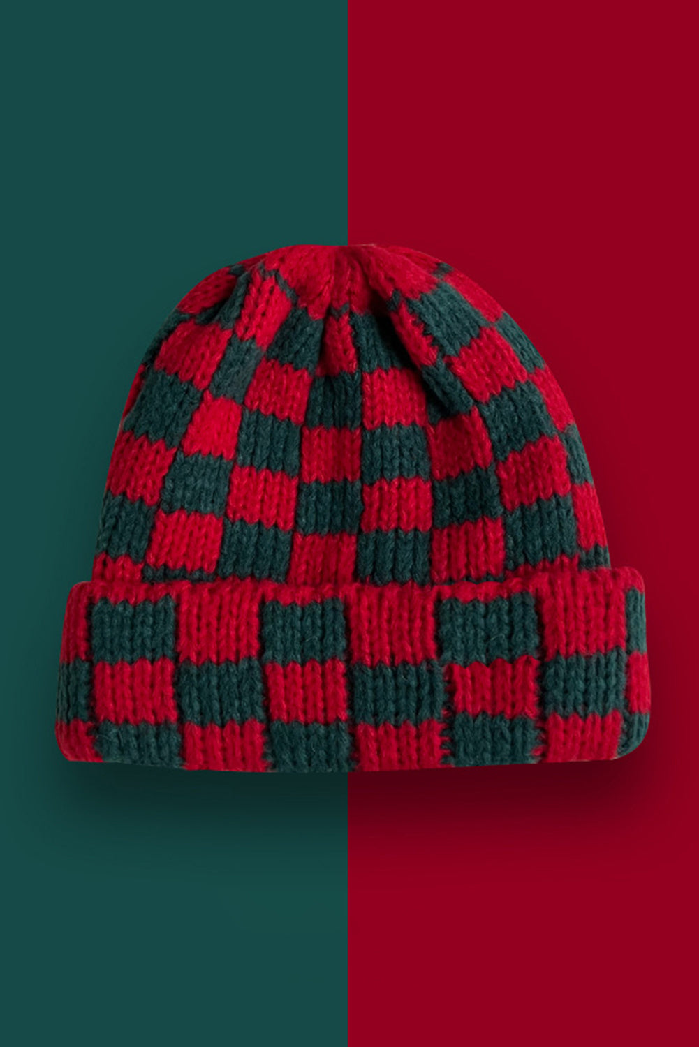 Racing Red Two Tone Checkered Folded Eaveless Beanie Cap Headwear JT's Designer Fashion