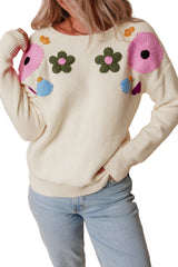 Beige Knitted Flower Pattern Ribbed Edge Sweater Sweaters JT's Designer Fashion