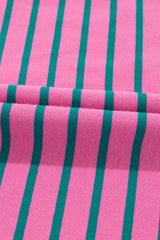 Rose Stripe Collared V Neck Puff Sleeve Shift T Shirt Dress with Pockets Plus Size Mini Dresses JT's Designer Fashion