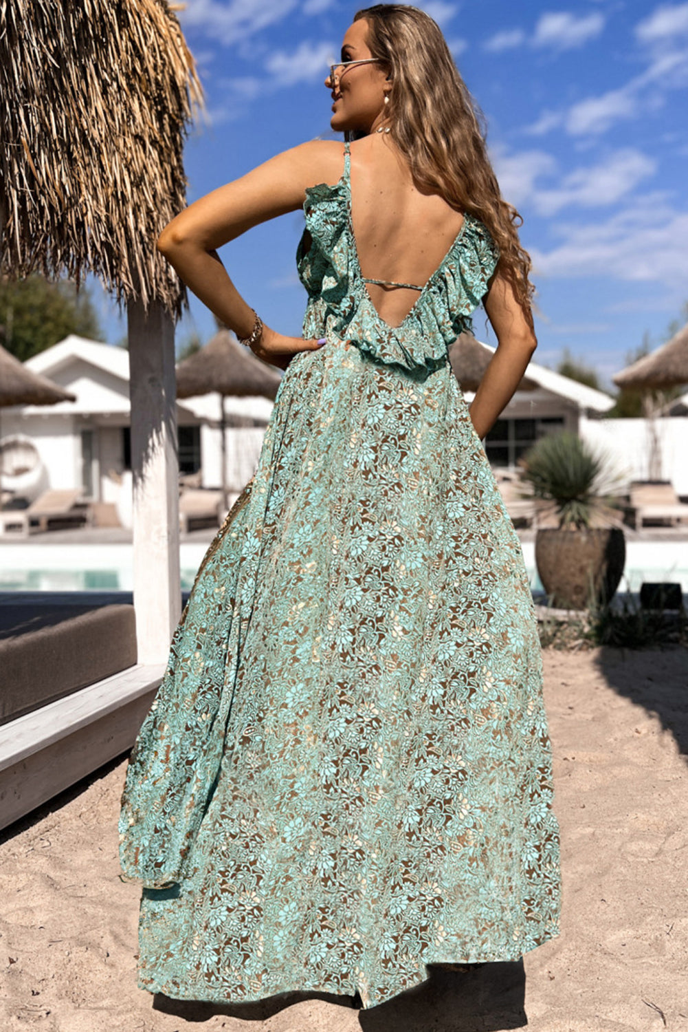 Green Floral Print V Neck Ruffled Trim Backless Tassel Waist Maxi Dress Floral Dresses JT's Designer Fashion