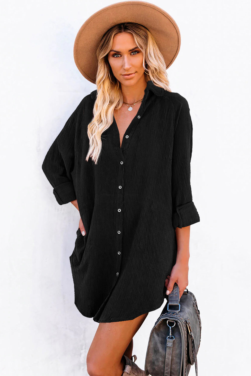 Black Corduroy Shirt Style Full Button Long Sleeve Shift Mini Dress Black 100%Polyester Mini Dresses JT's Designer Fashion