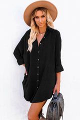 Black Corduroy Shirt Style Full Button Long Sleeve Shift Mini Dress Black 100%Polyester Mini Dresses JT's Designer Fashion