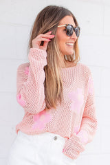 Light Pink Big Flower Hollowed Knit Drop Shoulder Sweater Sweaters & Cardigans JT's Designer Fashion