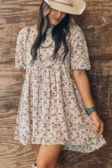 Beige Floral Puff Short Sleeve Empire Waist Mini Dress Floral Dresses JT's Designer Fashion