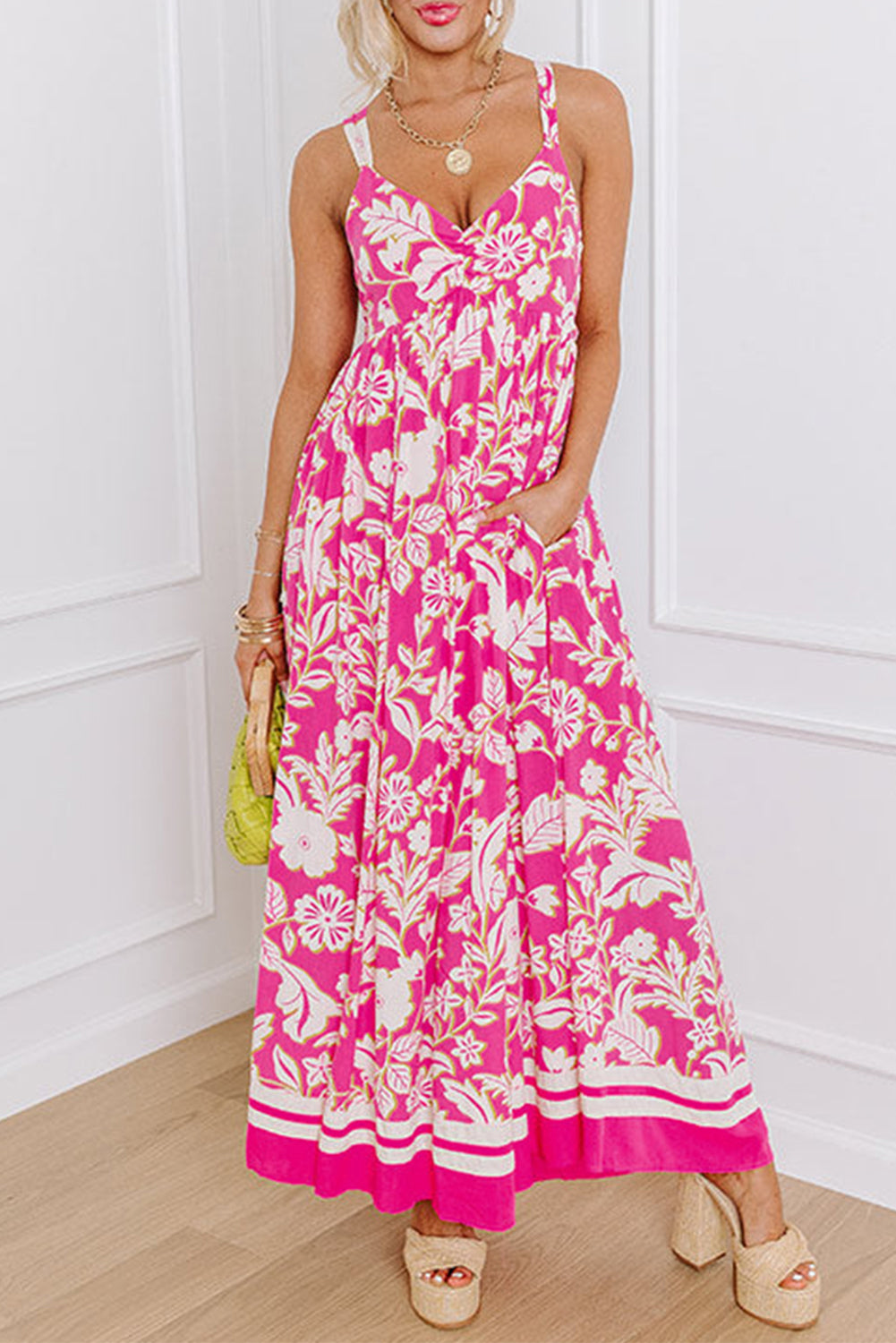 Rose Floral V Neck Crisscross Backless Long Dress Maxi Dresses JT's Designer Fashion