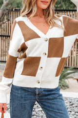 Khaki Checkered Pattern Ribbed Detail Button V Neck Sweater Cardigan Cardigans JT's Designer Fashion