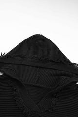 Black V Neck Ribbed Drop Shoulder Hooded Sweater Sweaters & Cardigans JT's Designer Fashion