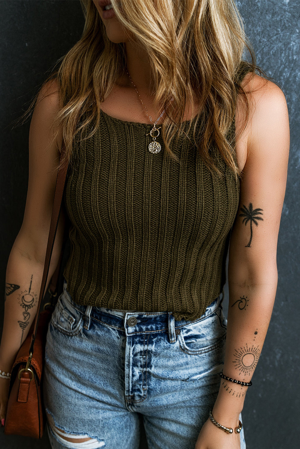 Jungle Green Wide Rib Knit Square Neck Sweater Vest Sweaters & Cardigans JT's Designer Fashion