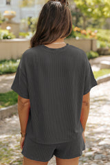 Carbon Grey Ribbed Textured Knit Loose Fit Tee and Shorts Set Short Sets JT's Designer Fashion