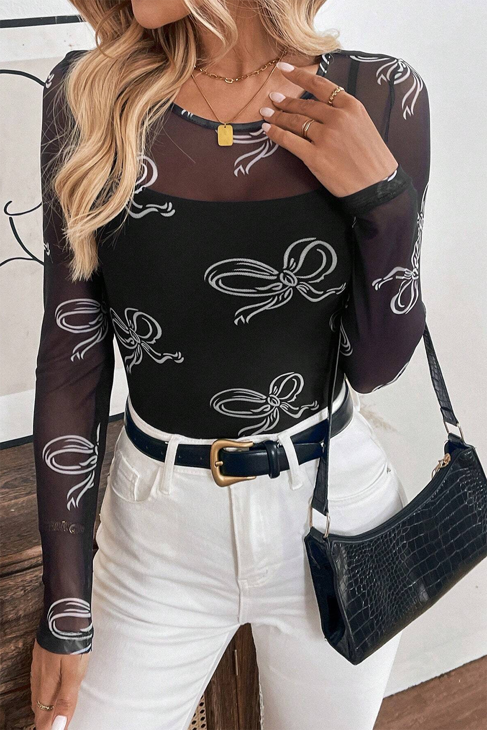 Black Round Neck Bow Print Long Sleeve Mesh Top Long Sleeve Tops JT's Designer Fashion