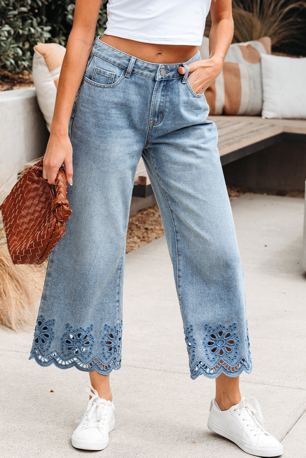 Dusk Blue Embroidered Cropped Wide Leg High Waist Jeans Jeans JT's Designer Fashion