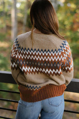 Khaki Aztec Print Colorblock Crew Neck Sweater Sweaters JT's Designer Fashion