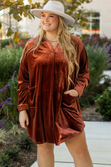 Coffee Plus Size V Neck Collared Pleated Back Rounded Hem Velvet Dress Coffee 95%Polyester+5%Elastane Plus Size Mini Dresses JT's Designer Fashion