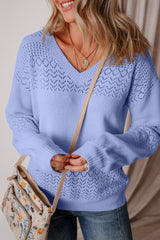 Sky Blue Eyelet Pattern Detail V Neck Drop Shoulder Sweater Sweaters JT's Designer Fashion