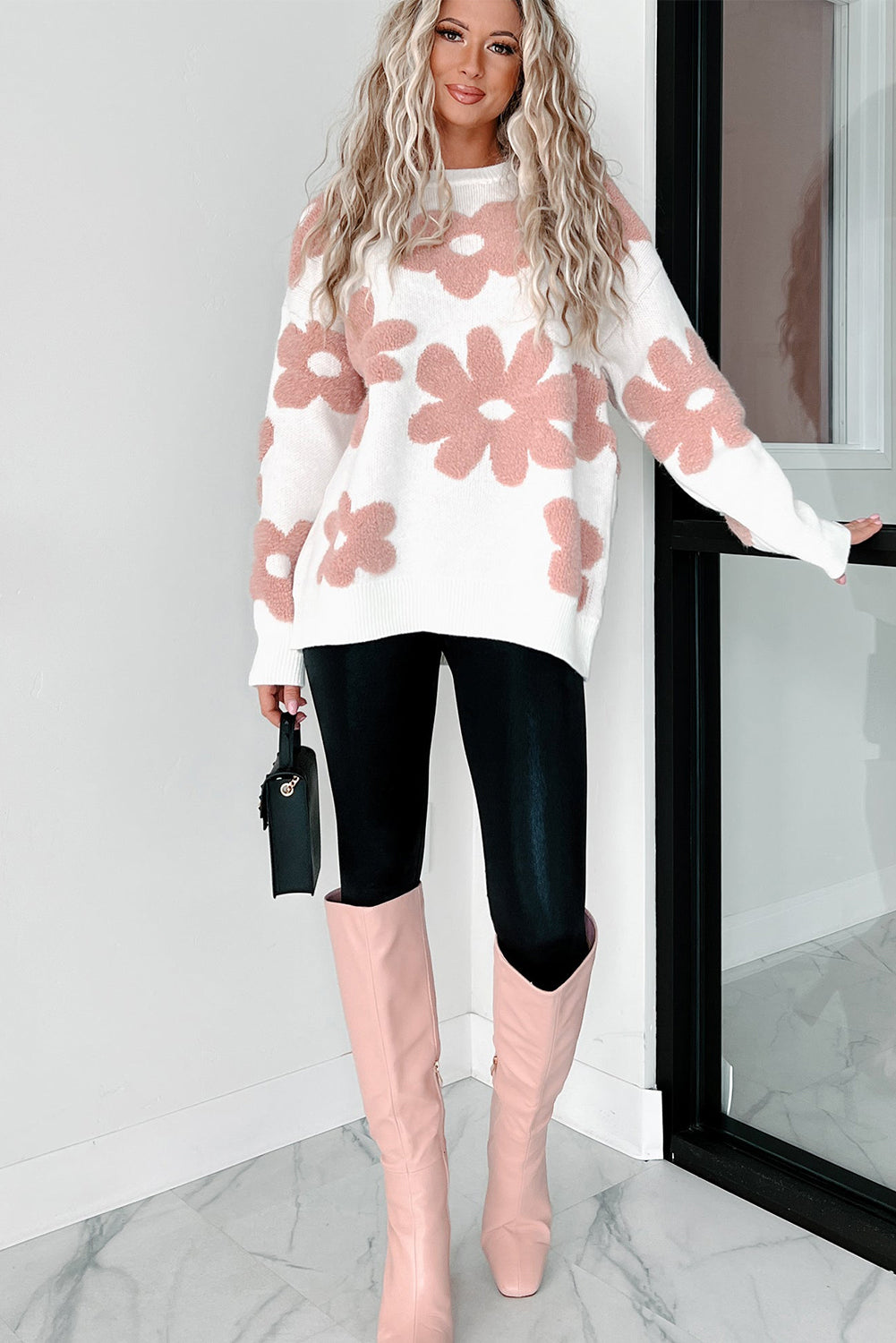 White Textured Flower Drop Shoulder Loose Sweater Sweaters JT's Designer Fashion