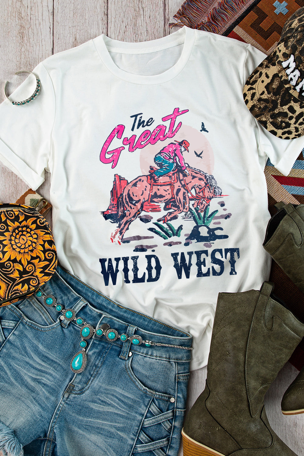 White The Great WILD WEST Rodeo Graphic Crew Neck T Shirt Graphic Tees JT's Designer Fashion