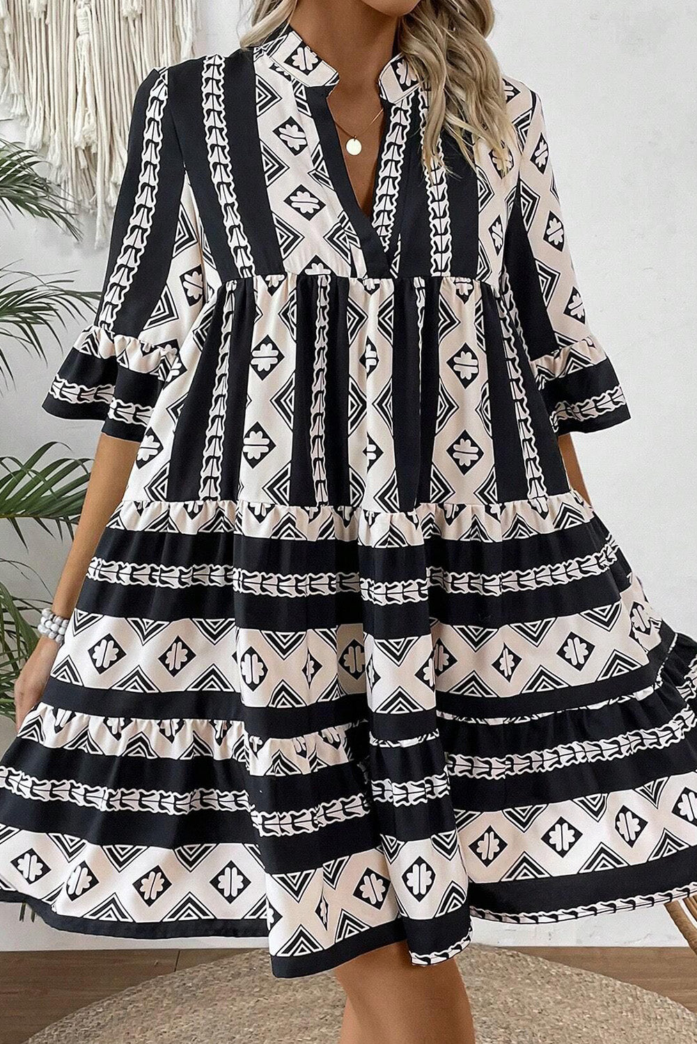 Black Geometric Print V Neck Ruffled Dress Mini Dresses JT's Designer Fashion