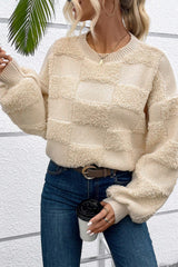 Parchment Checkered Sherpa Crew Neck Loose Sweater Sweaters JT's Designer Fashion