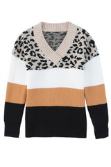 Khaki Leopard Color Block Long Sleeve Sweater Sweaters & Cardigans JT's Designer Fashion