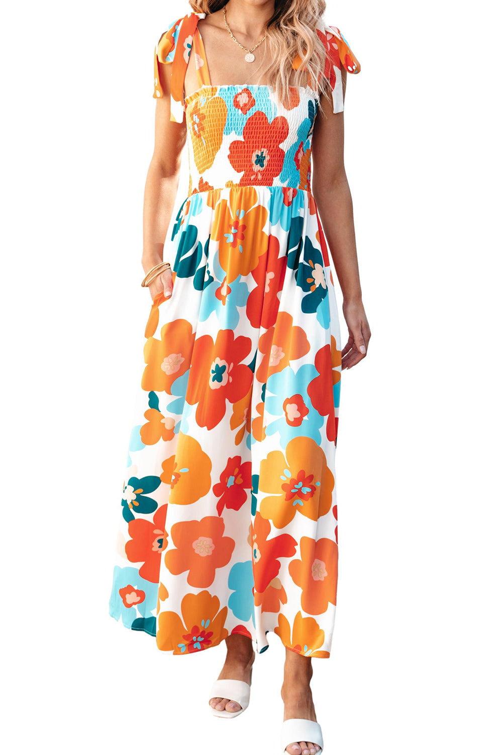 Orange Floral Self Tied Straps Smocked Bust Maxi Dress Floral Dresses JT's Designer Fashion