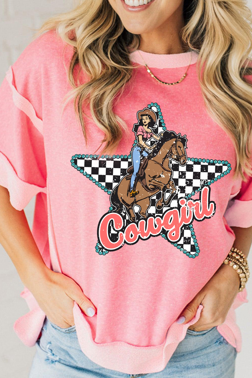 Peach Blossom Cowgirl Checkered Star Shape Print Exposed Seam T Shirt Graphic Tees JT's Designer Fashion
