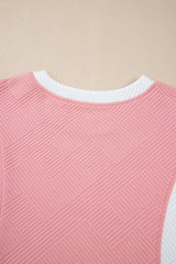 Pink Textured Colorblock Patchwork Tee Two Piece Shorts Set Short Sets JT's Designer Fashion