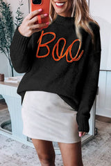 Black Boo Knitted Pattern Ribbed Edge Drop Shoulder Sweater Sweaters JT's Designer Fashion
