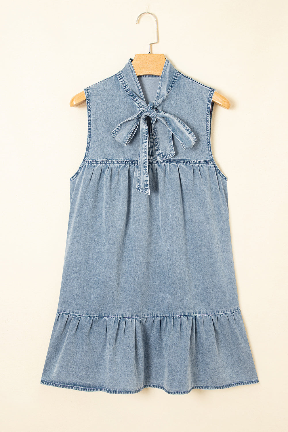 Real Teal Bowknot Neck Sleeveless Ruffled Chambray Dress Mini Dresses JT's Designer Fashion