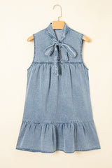 Real Teal Bowknot Neck Sleeveless Ruffled Chambray Dress Mini Dresses JT's Designer Fashion
