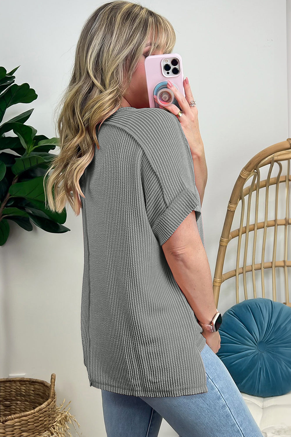 Medium Grey Sequin Baseball Pattern Ribbed Knit Crewneck T Shirt Graphic Tees JT's Designer Fashion